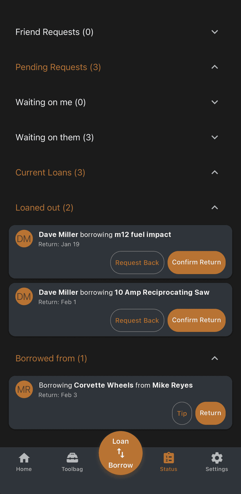 Status screen listing loans with return dates, and Request Back and Confirm Return buttons.