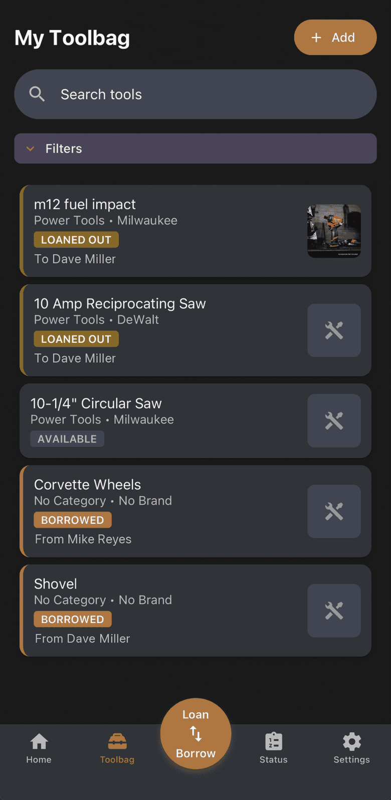 My Toolbag screen listing tools with Loaned out, Available and Borrowed badges.