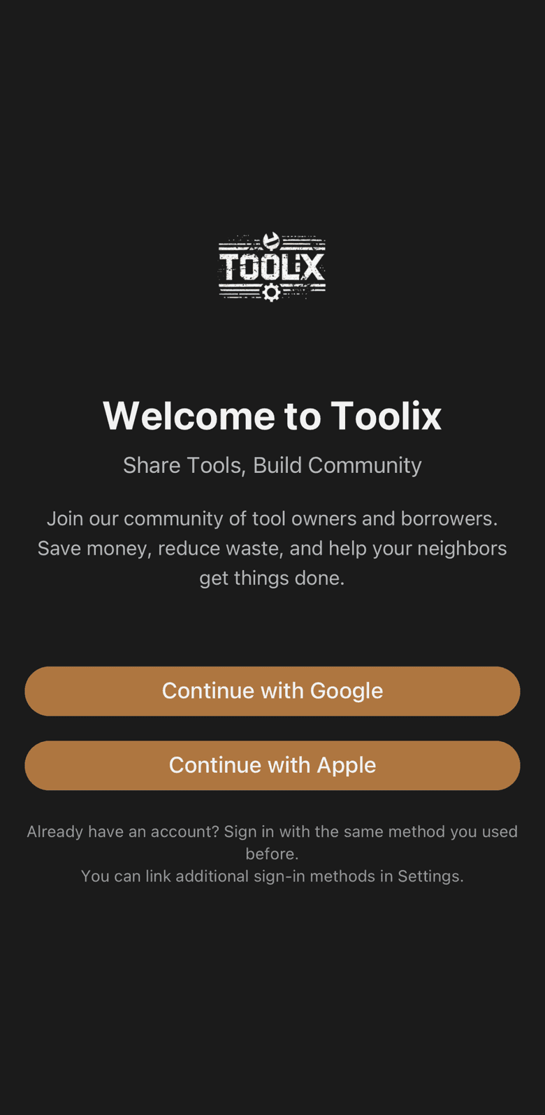 Toolix welcome screen with Continue with Google and Continue with Apple buttons.
